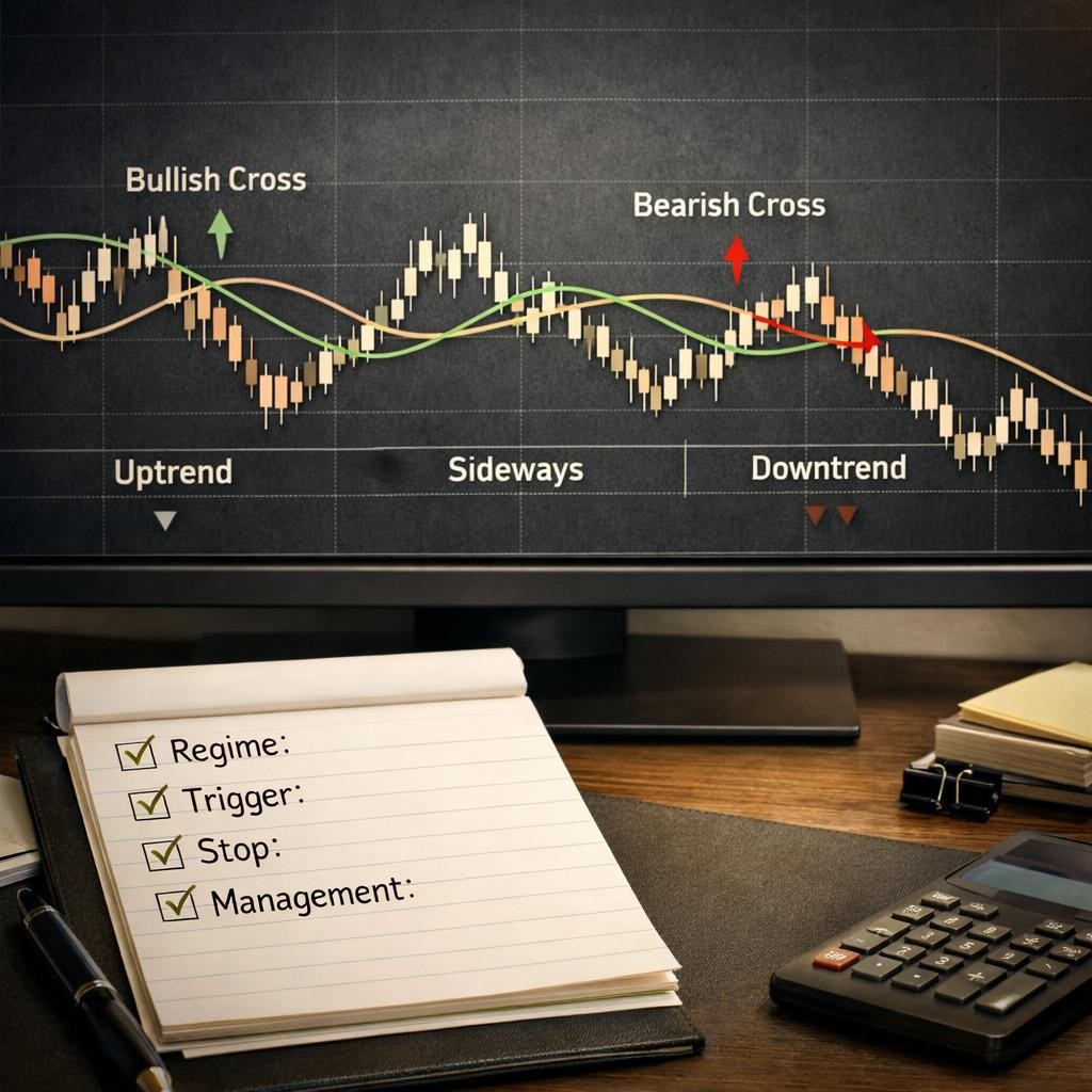 moving average crossover strategy setup checklist illustration for Moving average crossover strategy: when crossovers work, which period pairs traders use, and how to survive sideways markets