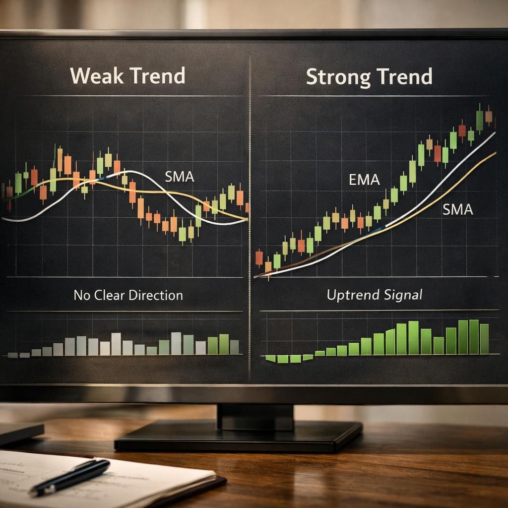 moving averages trading weak vs strong process illustration for Moving averages for active traders: SMA vs EMA, trend filters, and which periods traders actually use