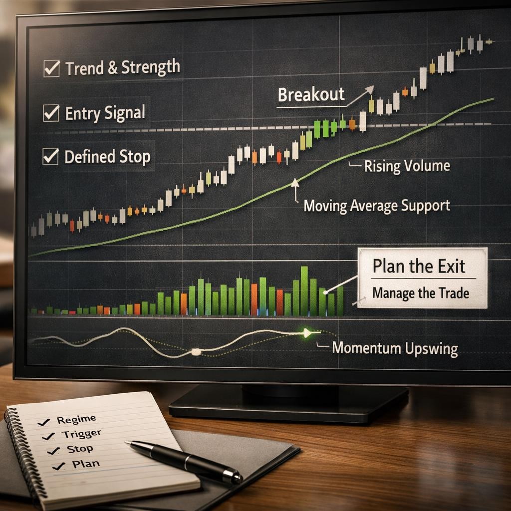momentum trading strategy setup checklist illustration for Momentum trading strategy: what strong setups look like, how traders filter them, and why momentum dies in bad context