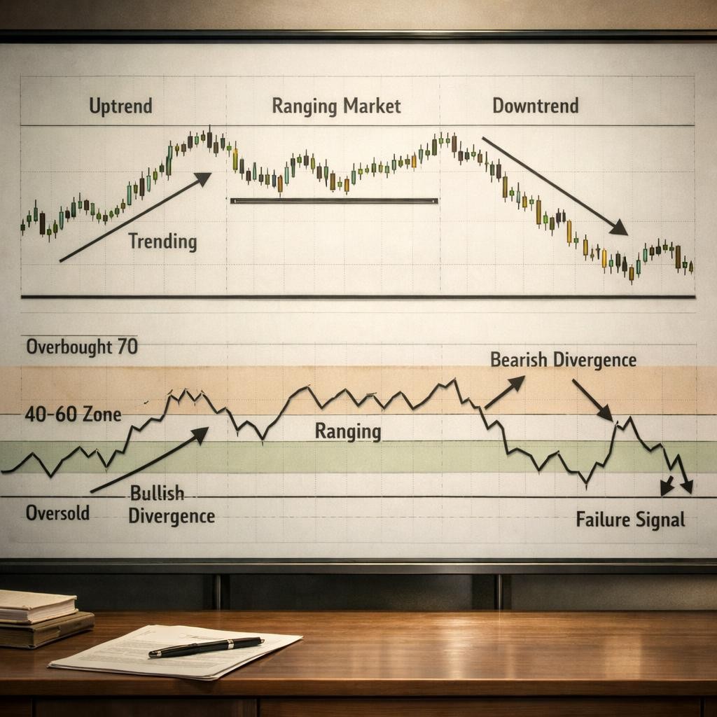 RSI trading regime framework illustration for RSI for active traders: using 30/70, 40/60, and divergence without fading every strong trend
