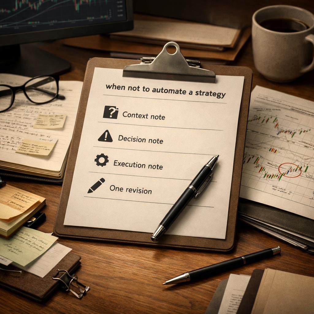 when not to automate a strategy review checklist illustration for When not to automate a setup: the signs a strategy still needs discretionary review before going live