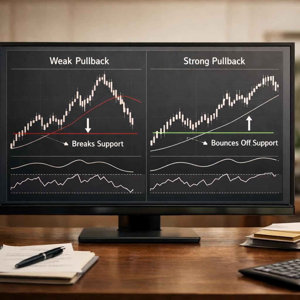 pullback trading weak vs strong process illustration for Pullback trading setups: how to separate healthy retracements from low-quality entries