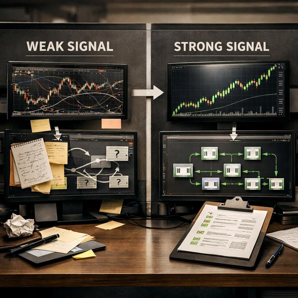 signal quality weak vs strong process illustration for Why signal quality matters more than adding another broker or another automation layer