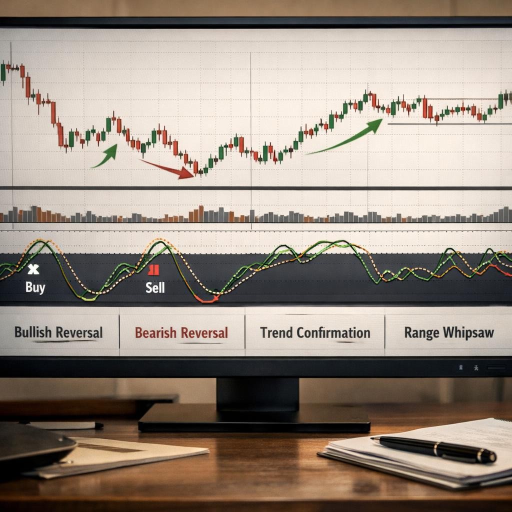stochastic oscillator trading signal comparison illustration for Stochastic oscillator for active traders: reversal timing, trend filters, and where fast signals break down