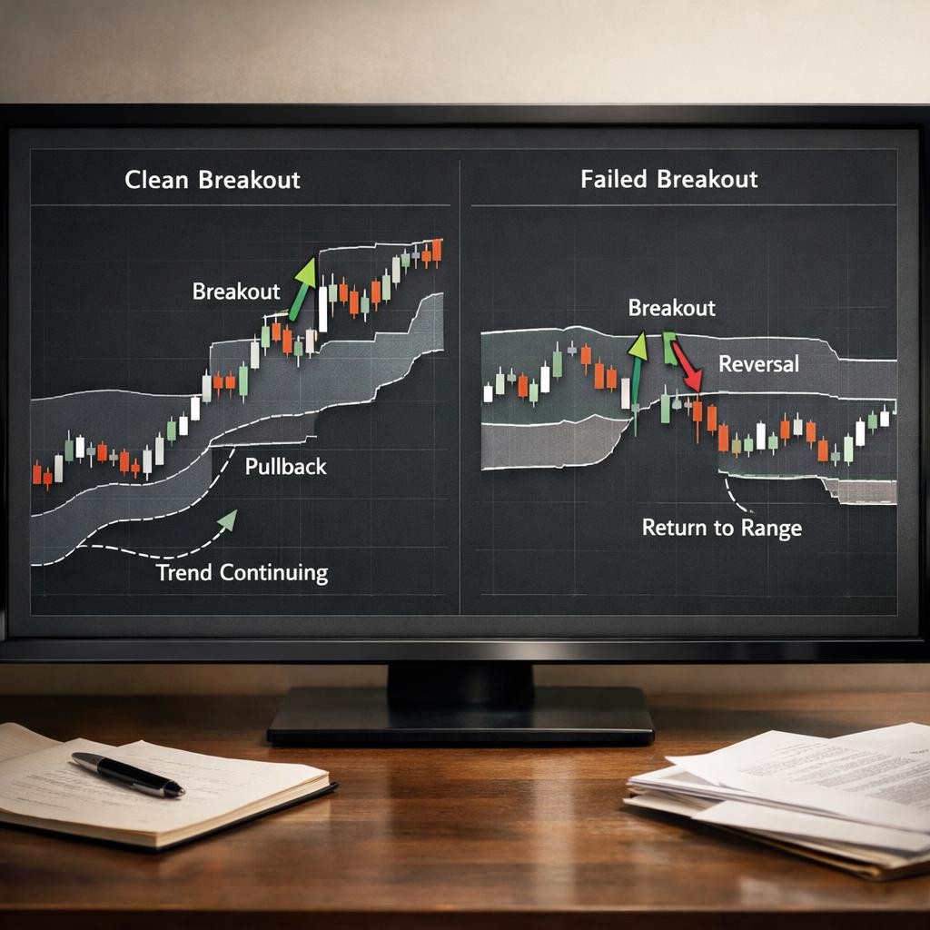 Donchian channel breakout strategy clean vs failed break illustration for Donchian channel breakout strategy: how trend-followers use channel breaks, pullback management, and exit rules