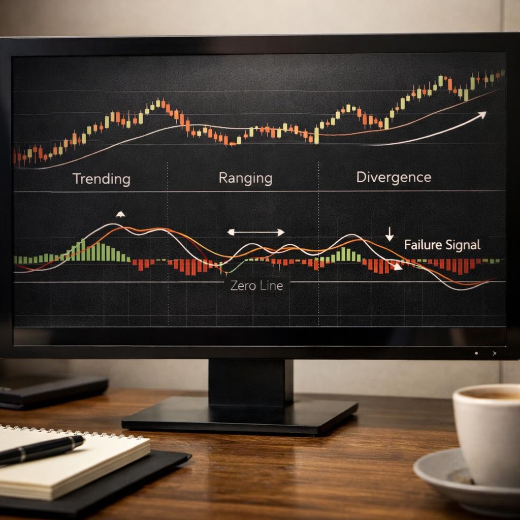 MACD trading regime framework illustration for MACD for active traders: signal-line crossovers, zero-line shifts, and how to avoid range-market whipsaws
