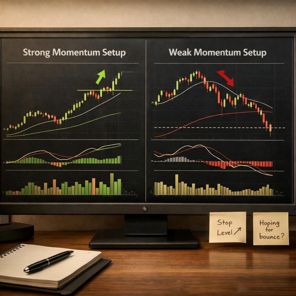 momentum trading strategy clean vs weak setup illustration for Momentum trading strategy: what strong setups look like, how traders filter them, and why momentum dies in bad context