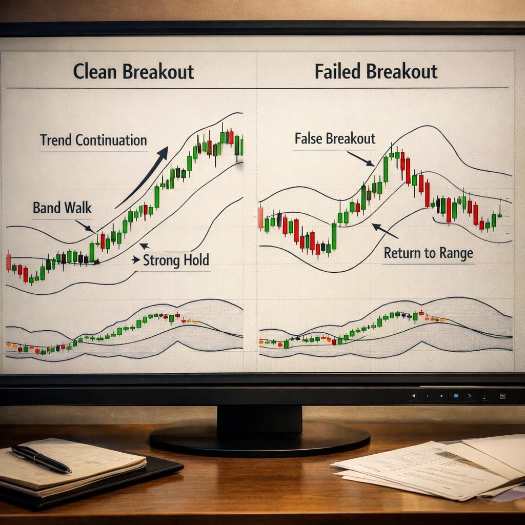 Bollinger Bands trading clean vs failed break illustration for Bollinger Bands for active traders: squeeze setups, band walks, and the reversal traps traders misread