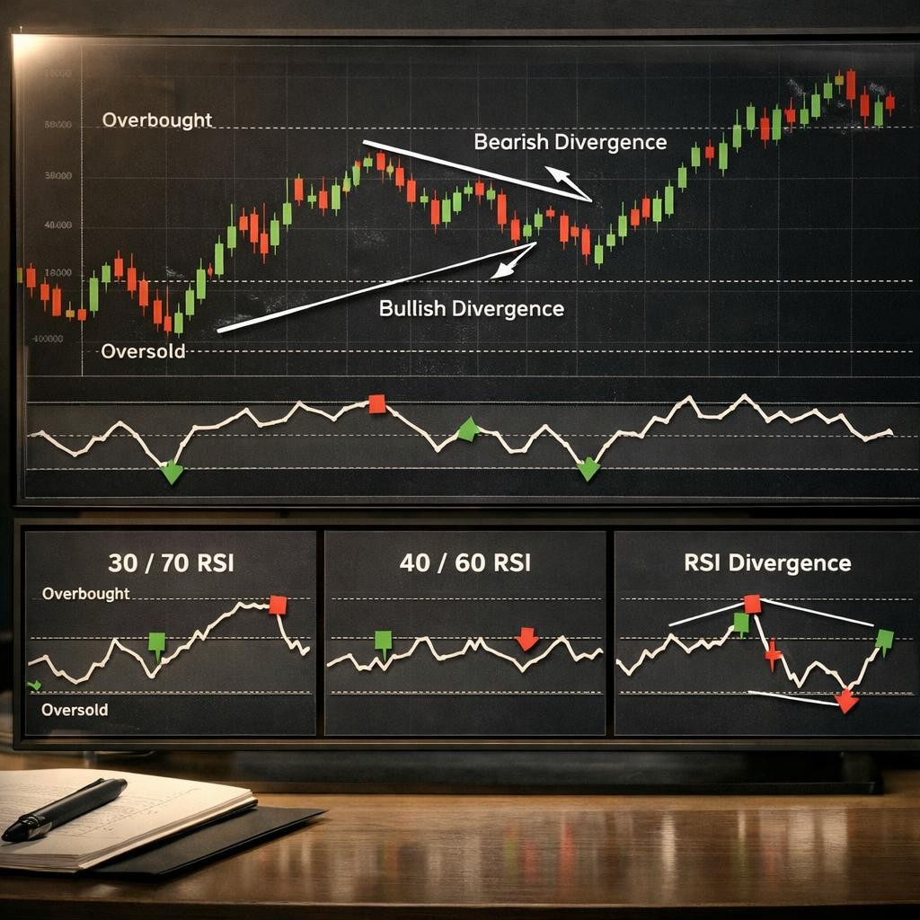 RSI trading signal comparison illustration for RSI for active traders: using 30/70, 40/60, and divergence without fading every strong trend