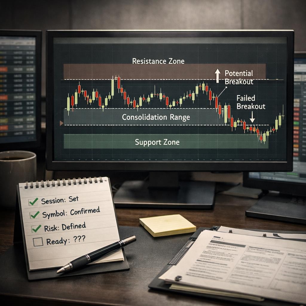 consolidation trading pre-live checklist illustration for Consolidation trading: reading balance, breakout pressure, and failed moves without overtrading the range