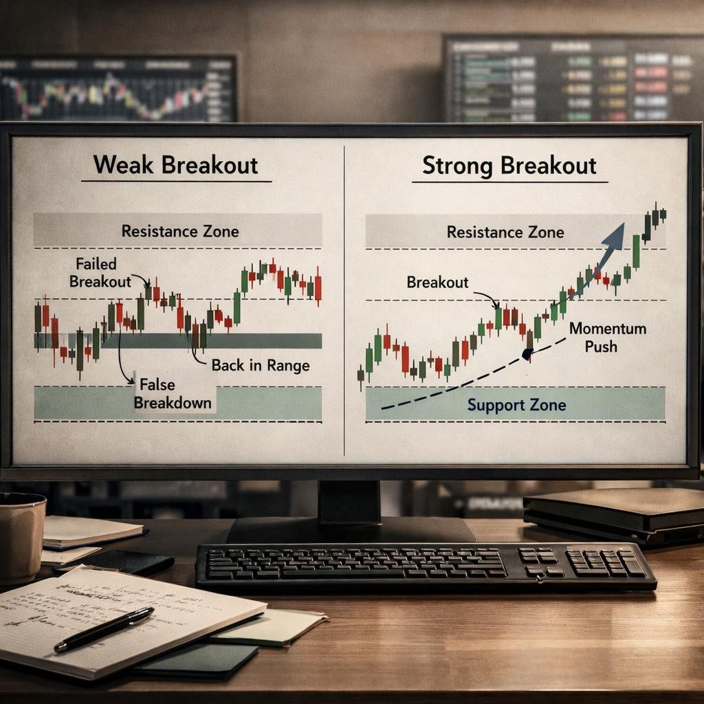 consolidation trading weak vs strong process illustration for Consolidation trading: reading balance, breakout pressure, and failed moves without overtrading the range