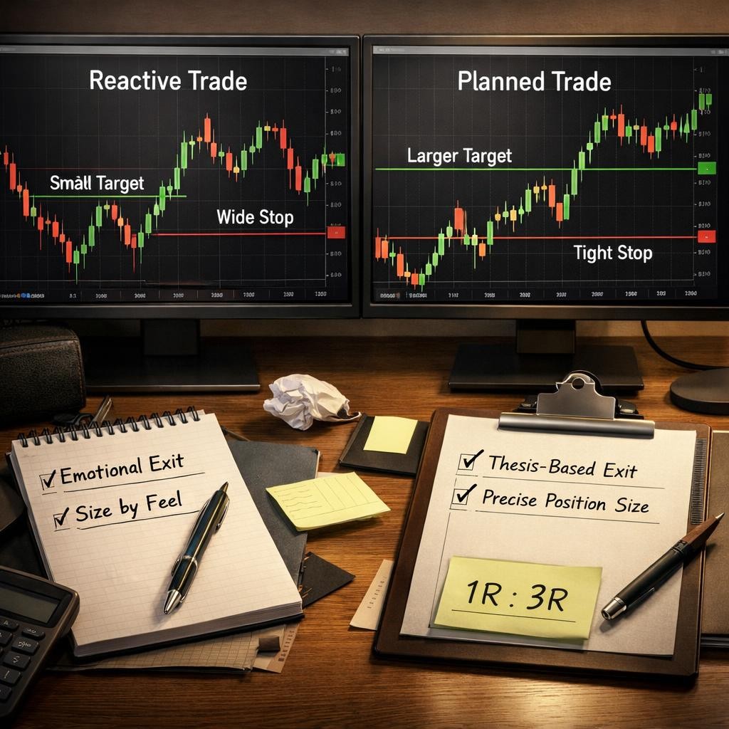 reward risk ratio reactive vs planned decisions illustration for Reward-risk ratio for traders: why clean R-multiples still fail without context and execution discipline