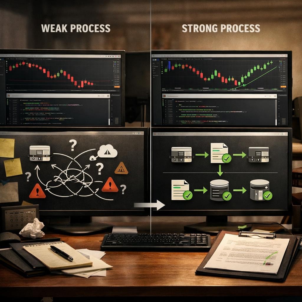 TradingView alert design weak vs strong process illustration for TradingView alert design patterns: writing webhook messages that survive parsing, routing, and broker translation