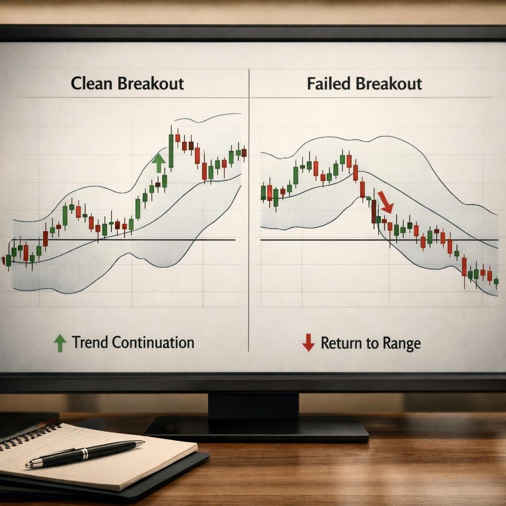 Bollinger squeeze breakout strategy clean vs failed break illustration for Bollinger squeeze breakout strategy: how traders use volatility compression, breakout confirmation, and failure filters