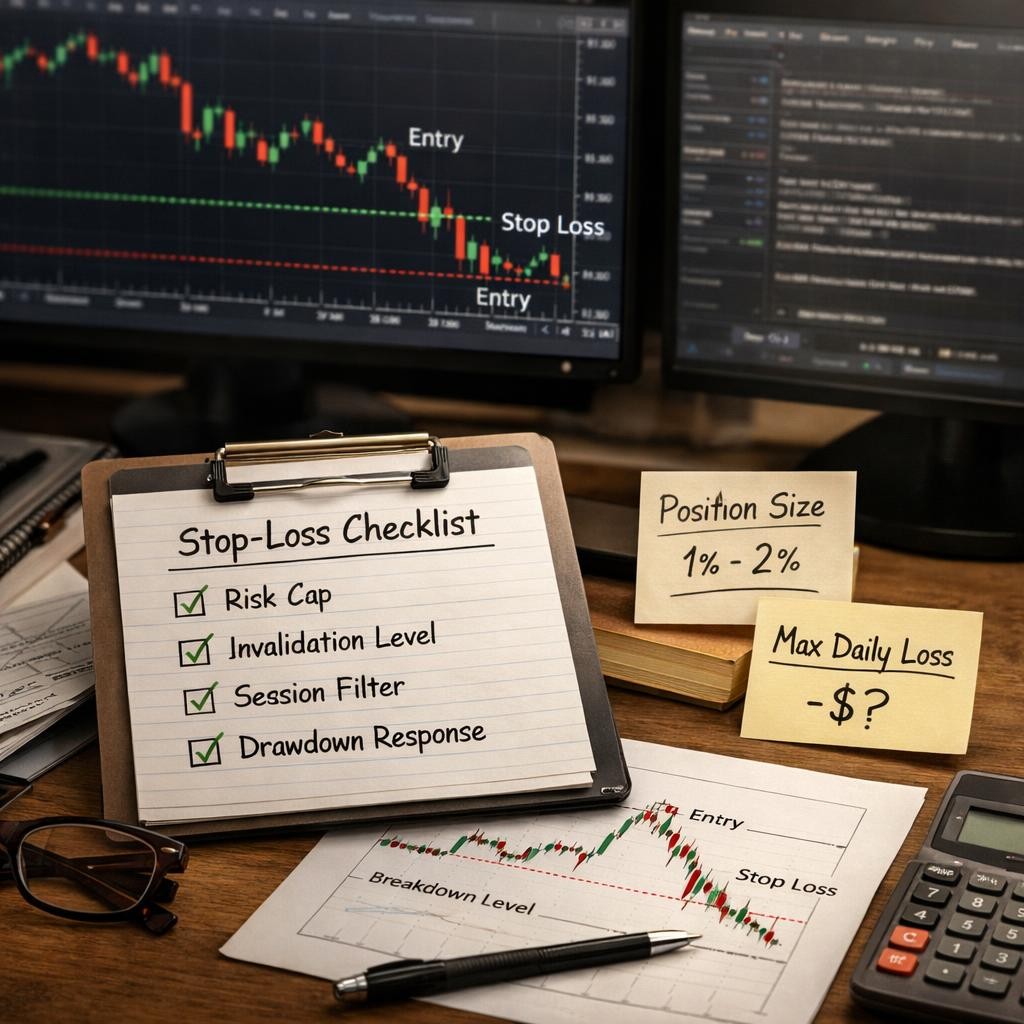 stop loss placement guardrail checklist illustration for Stop-loss placement for systematic traders: how to exit where the trade thesis actually breaks