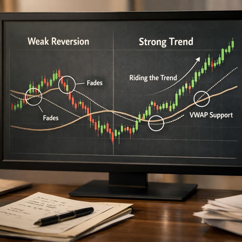 VWAP trading weak vs strong process illustration for VWAP for active traders: what it actually tells you, what it does not, and how to use it cleanly