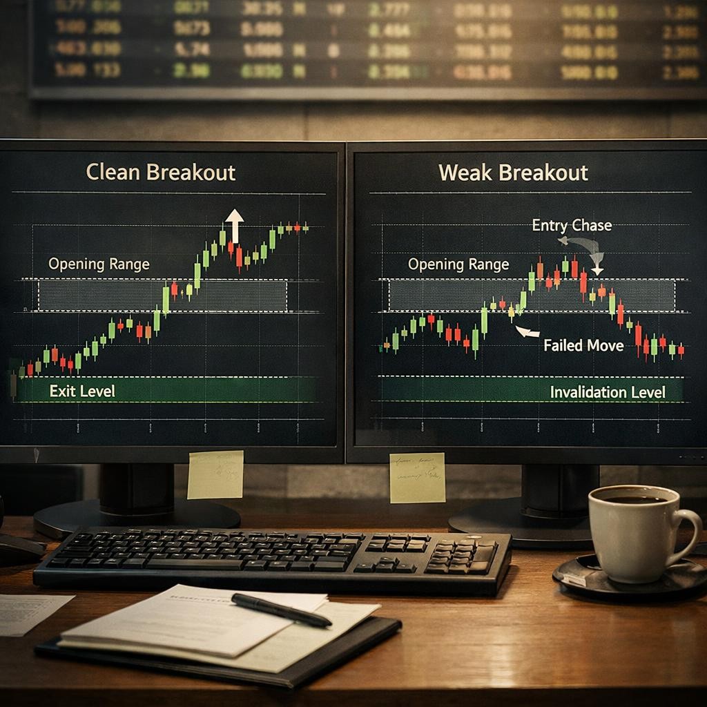 opening range breakout strategy clean vs weak setup illustration for Opening range breakout strategy: how traders define the range now, where breakouts fail, and how to manage targets