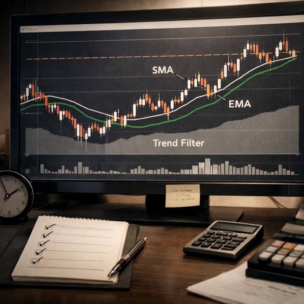 moving averages trading pre-live checklist illustration for Moving averages for active traders: SMA vs EMA, trend filters, and which periods traders actually use