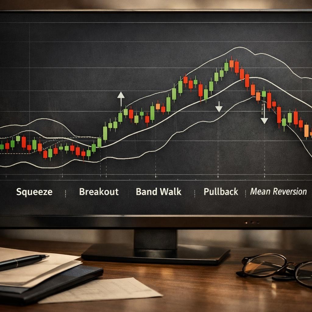Bollinger Bands trading band behavior illustration for Bollinger Bands for active traders: squeeze setups, band walks, and the reversal traps traders misread