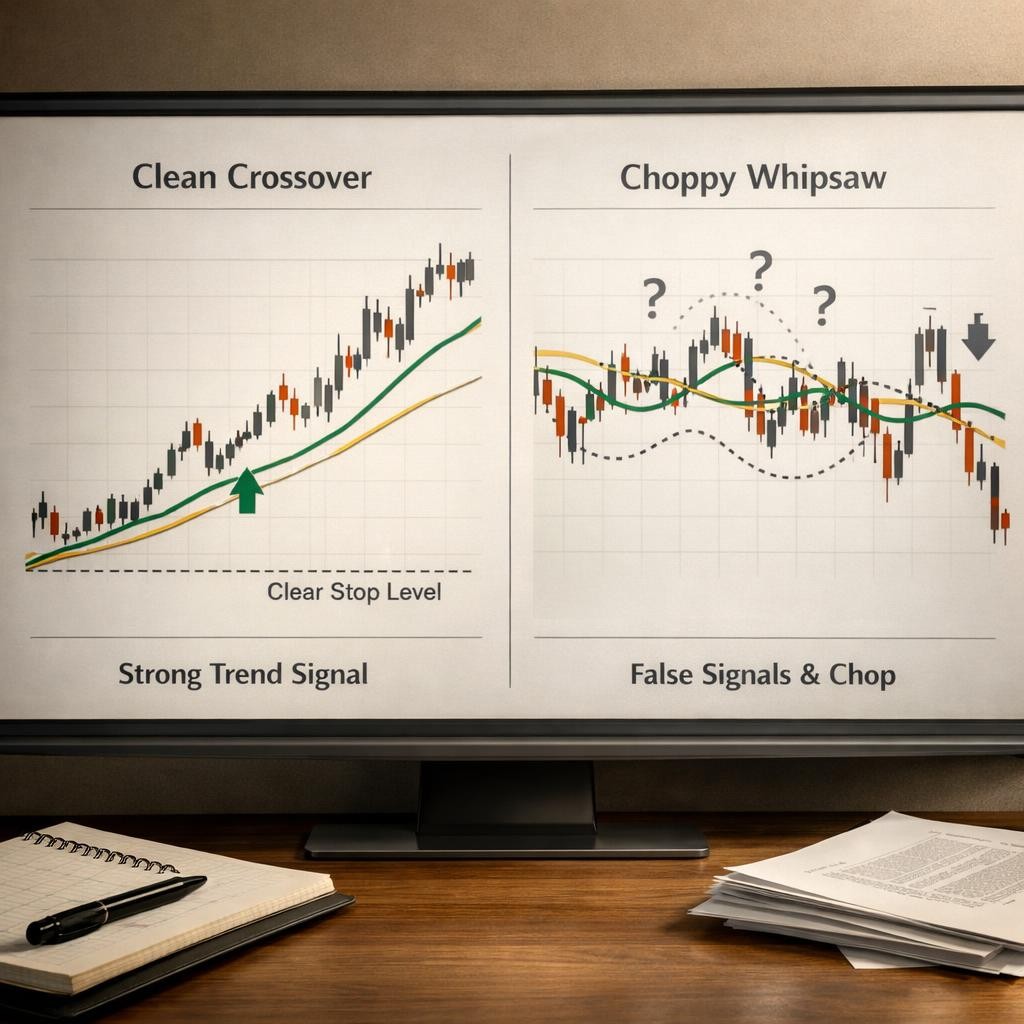 moving average crossover strategy clean vs weak setup illustration for Moving average crossover strategy: when crossovers work, which period pairs traders use, and how to survive sideways markets