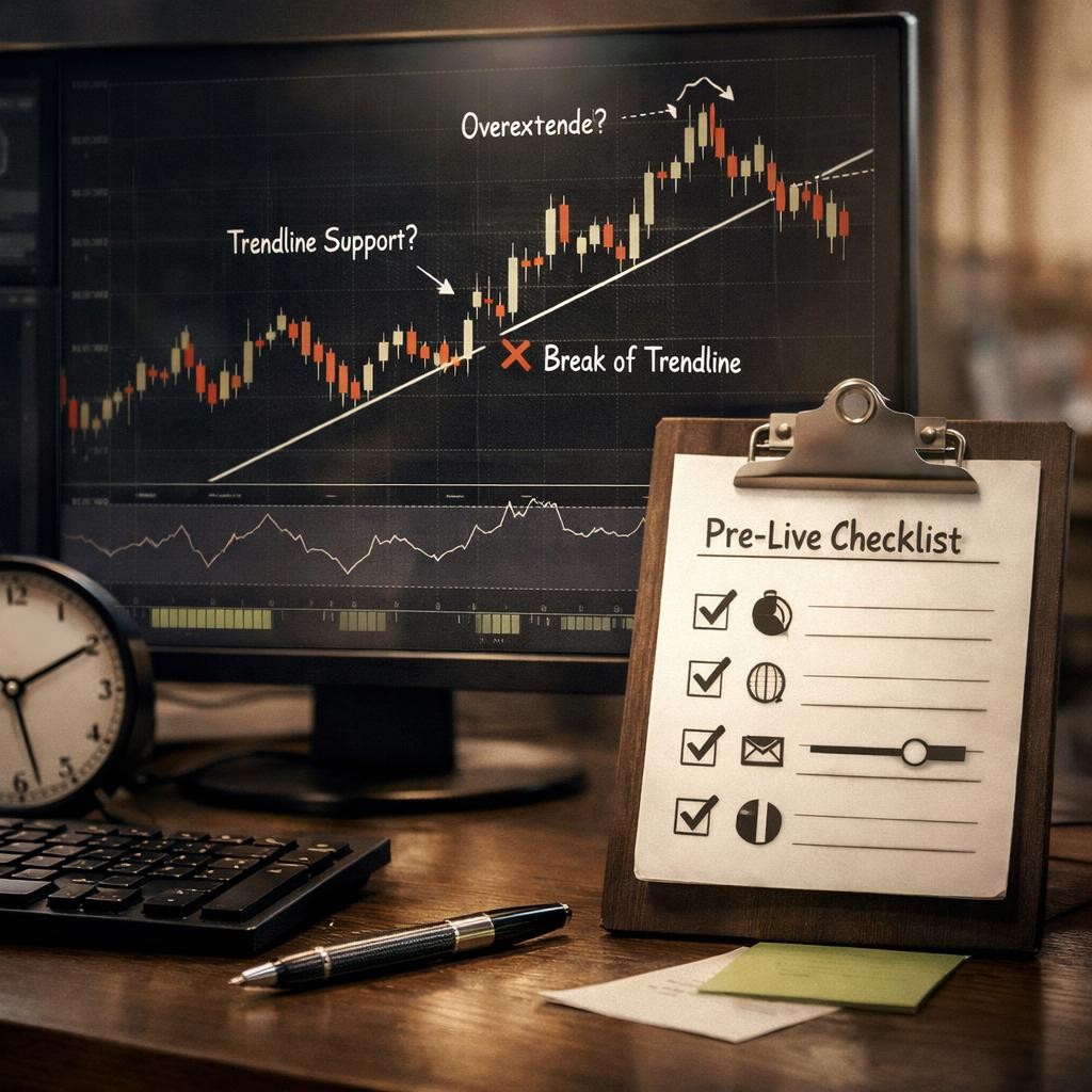 trendline trading pre-live checklist illustration for Trendline trading for discretionary traders: where it helps, where it breaks, and how to keep it objective