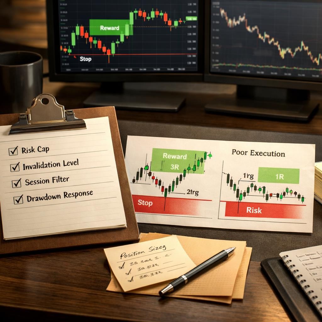 reward risk ratio guardrail checklist illustration for Reward-risk ratio for traders: why clean R-multiples still fail without context and execution discipline