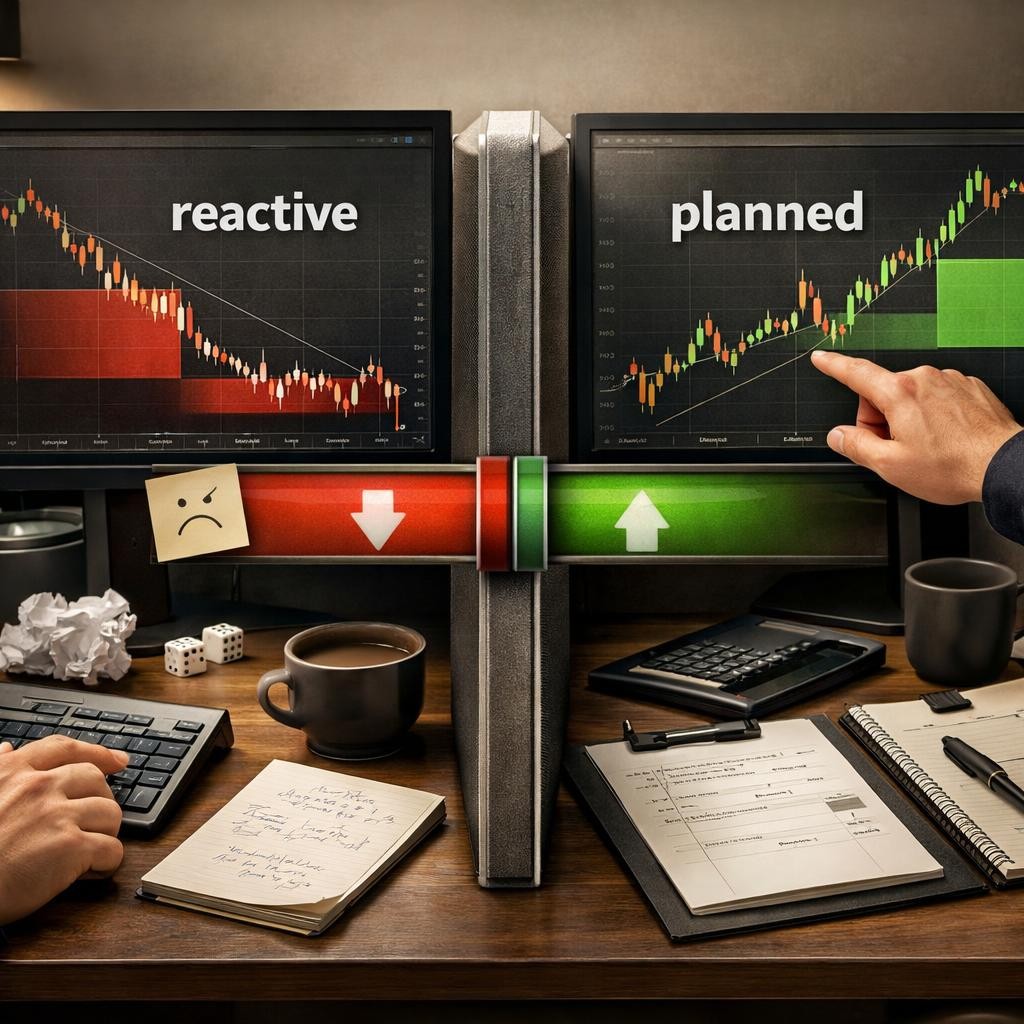 position sizing for funded traders reactive vs planned decisions illustration for Position sizing for funded traders: protecting drawdown limits without shrinking every good setup into noise