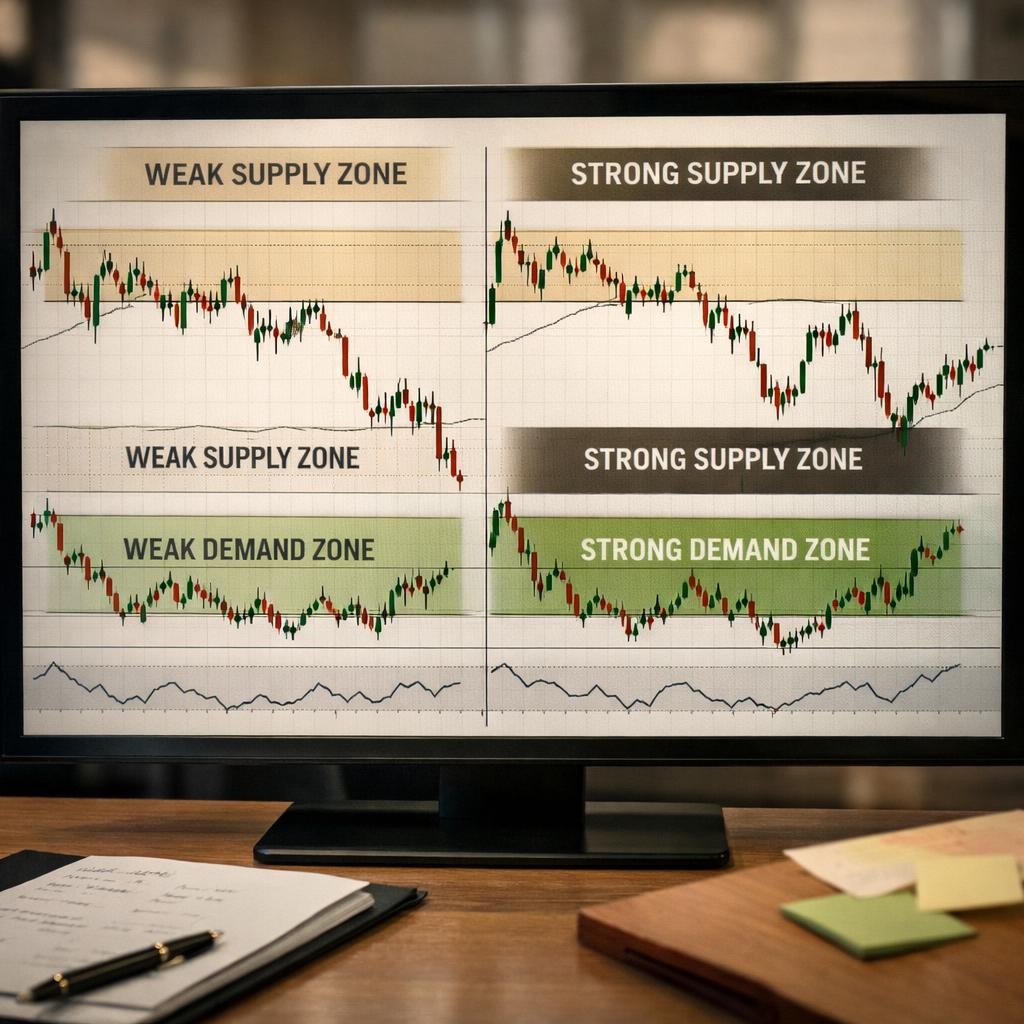 supply and demand zones weak vs strong process illustration for Supply and demand zones for active traders: how to map them without turning every chart into hindsight