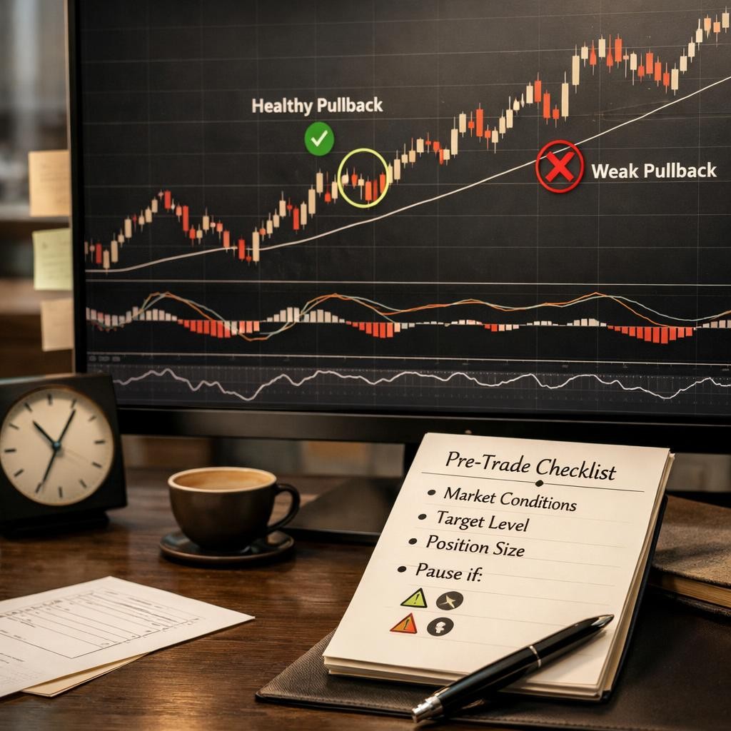 pullback trading pre-live checklist illustration for Pullback trading setups: how to separate healthy retracements from low-quality entries