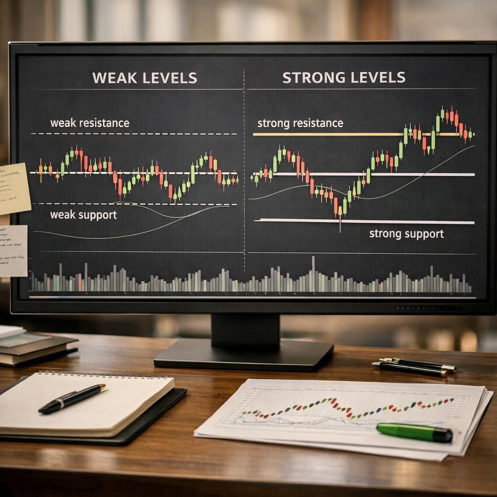 support and resistance weak vs strong process illustration for Support and resistance for active traders: how to mark usable levels without cluttering the chart