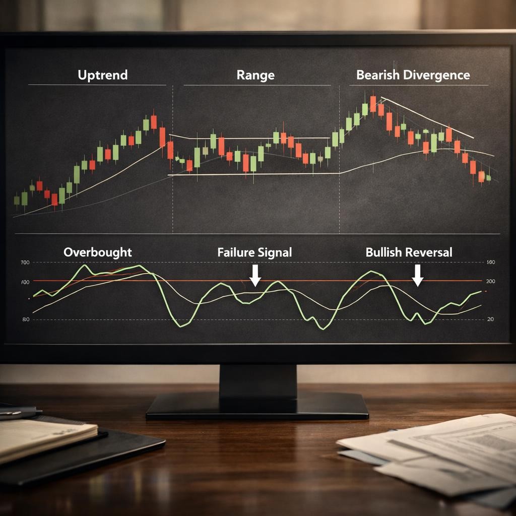 stochastic oscillator trading regime framework illustration for Stochastic oscillator for active traders: reversal timing, trend filters, and where fast signals break down