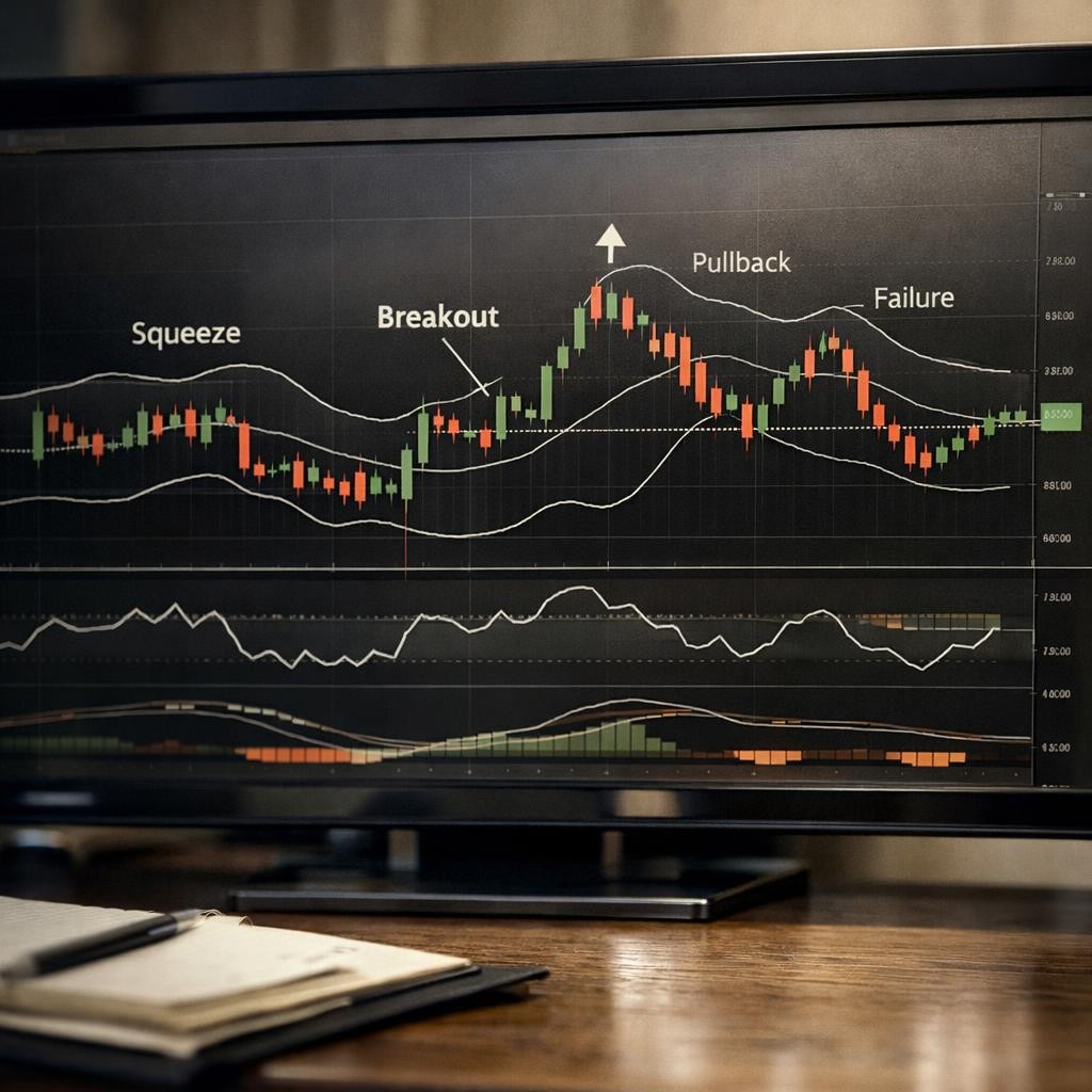 Bollinger squeeze breakout strategy band behavior illustration for Bollinger squeeze breakout strategy: how traders use volatility compression, breakout confirmation, and failure filters